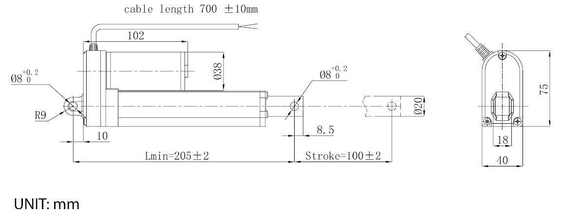 Technische zijaanzichttekening van een kleine lineaire actuator met afmetingen in millimeters, inclusief kabellengte 700±10 mm, slag 100±2 mm, en totale lengte Lmin 205±2 mm.