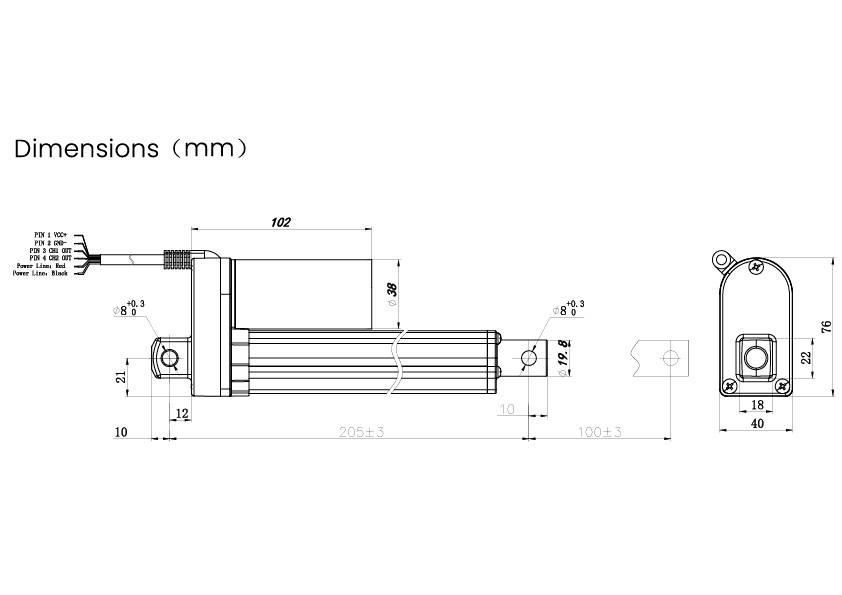Technische tekening van een elektrische lineaire aandrijving met afmetingen in millimeters. Hoofdaanzicht toont lengte en bevestigingselementen.