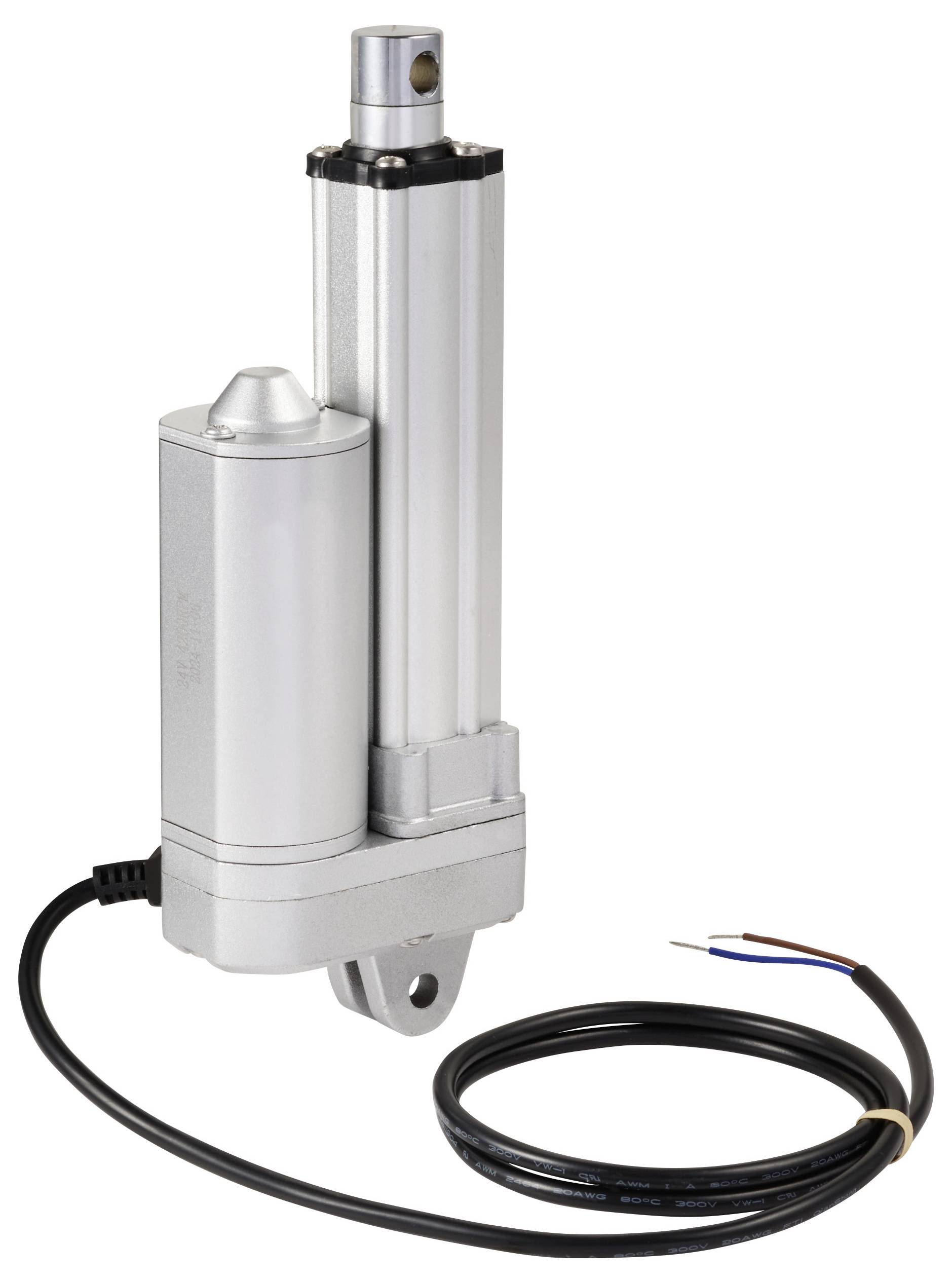 Een zilveren elektrische lineaire aandrijving met kabel, gebruikt voor precisie mechanische bewegingen in machines of apparaten.