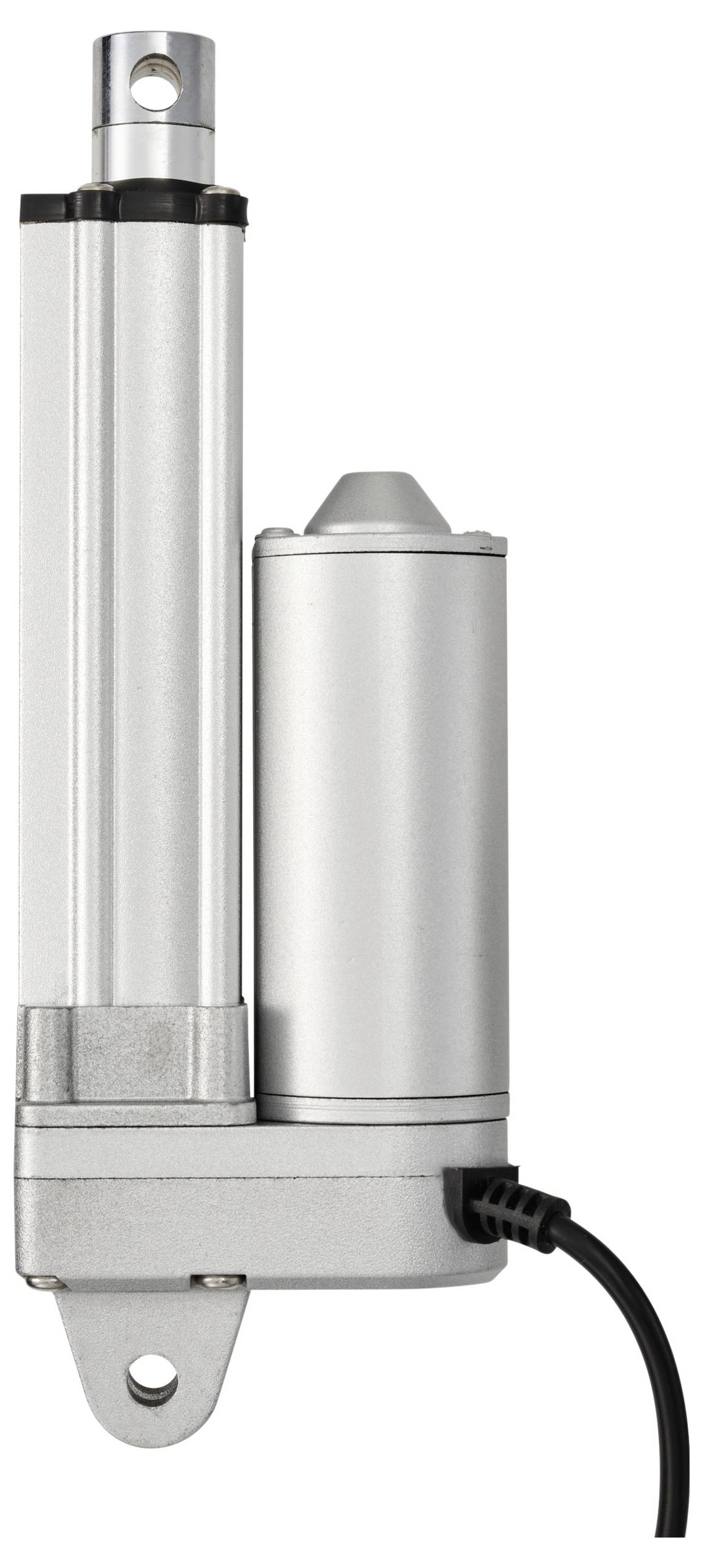 Een zilveren, cilindrische elektrische lineaire actuator met kabelaansluiting, geschikt voor bewegingsbesturingen in machines of apparaten.