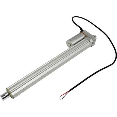 Zilveren lineaire actuator met aangesloten zwart netsnoer en blootgestelde rode en witte draaduiteinden op een witte achtergrond.