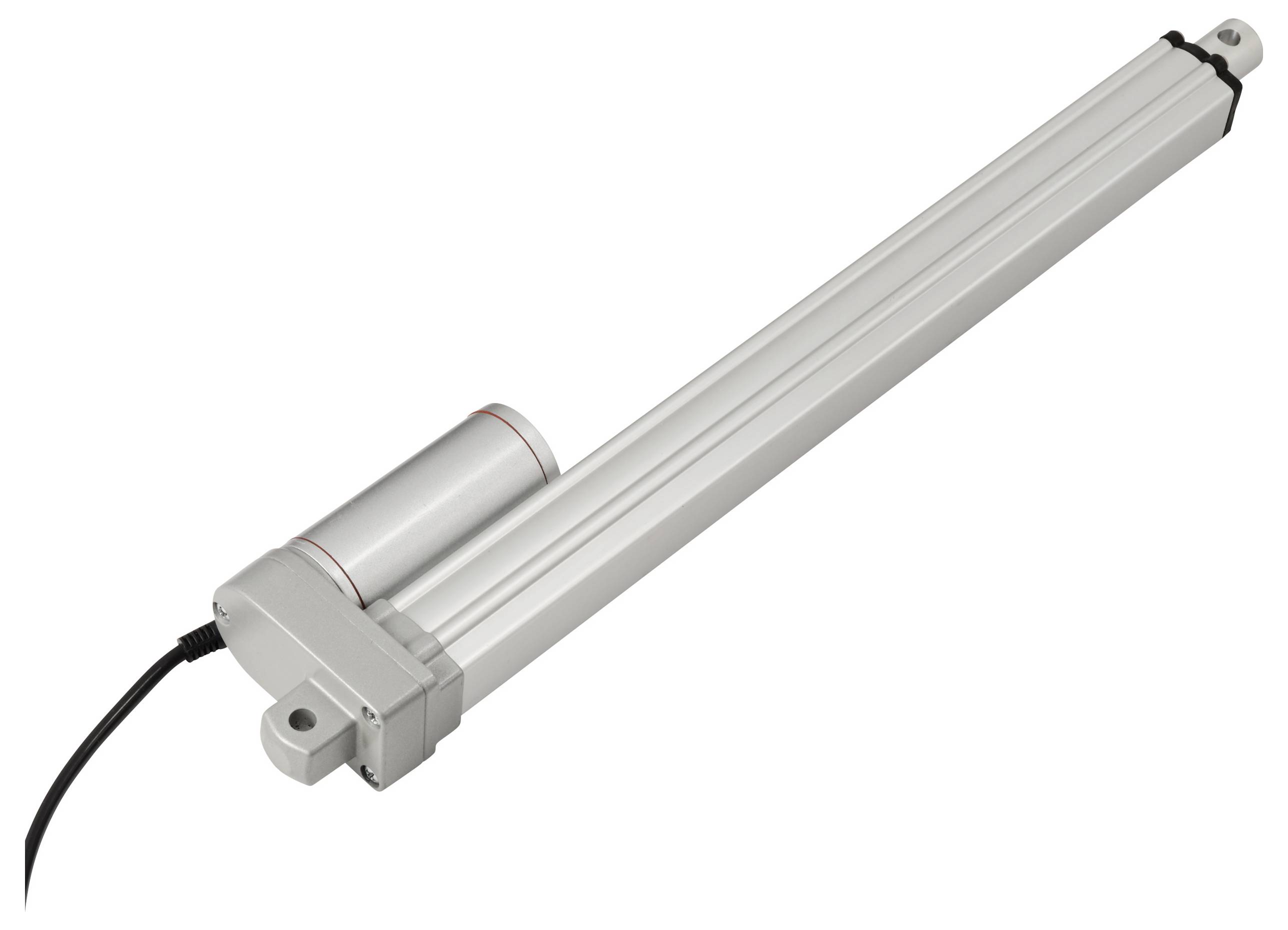 Een zilveren lineaire actuator met een zwart kabel, geschikt voor automatiseringstechniek.