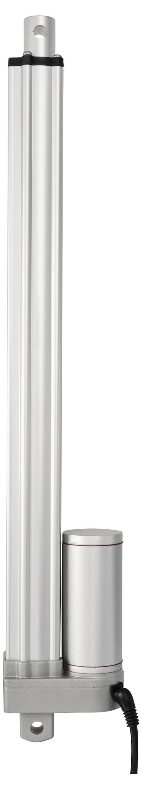 Een zilveren lineaire actuator met een cilindrische motor aan de onderkant, die wordt gebruikt voor bewegingsbesturing in machines.