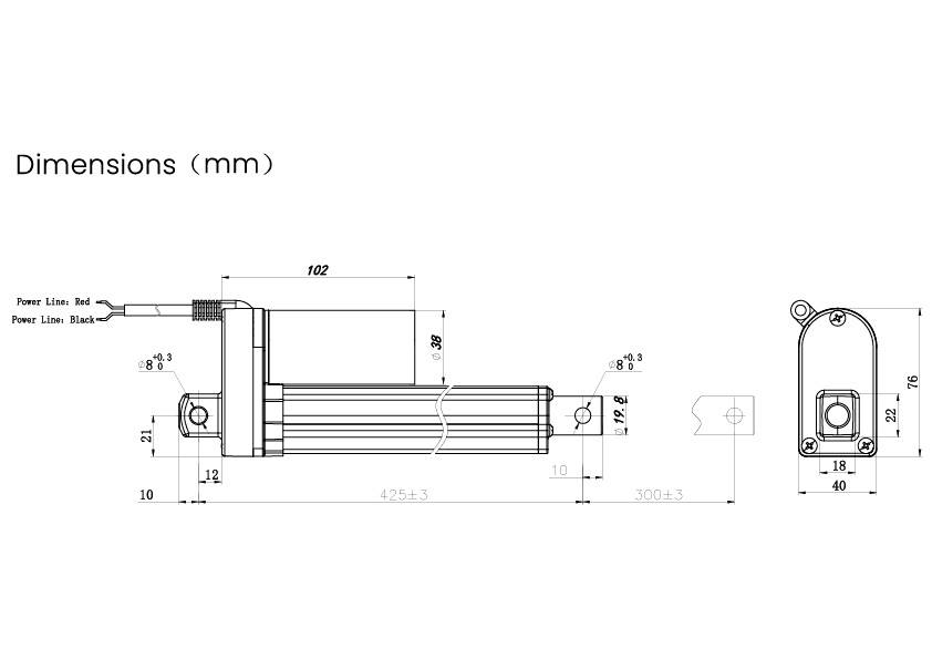 Technische tekening van een elektrische lineaire aandrijving met afmetingen in millimeters; bovenaanzicht en zijaanzicht met kabelaanduiding.