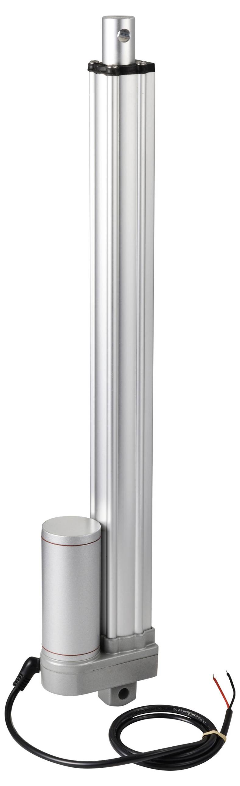 Een zilveren lineaire actuator met kabelaansluiting, meestal gebruikt voor mechanische bewegingsbesturingen in machines.