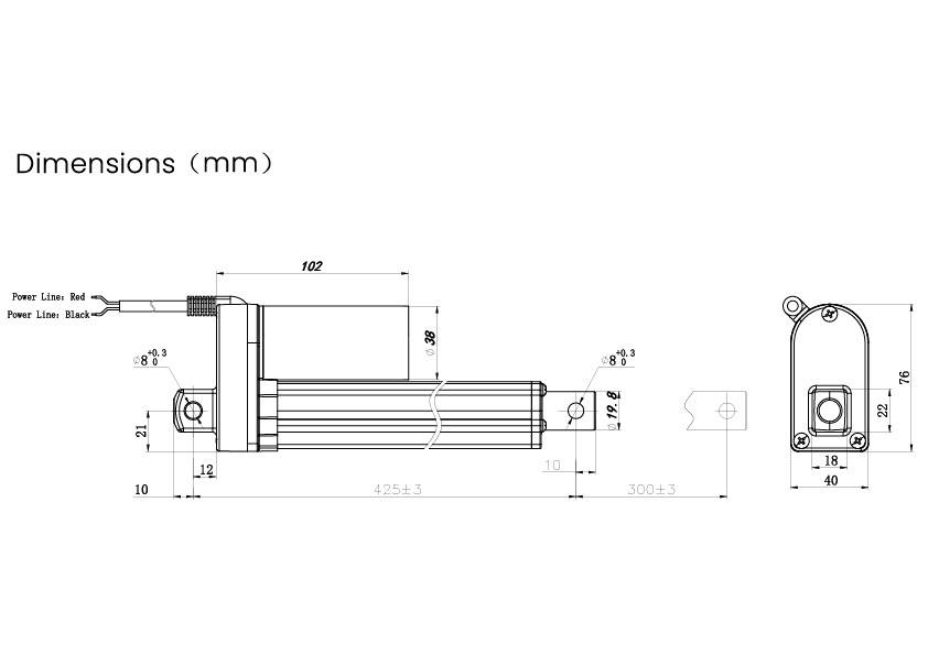 'Technische tekening van een lineaire aandrijving met nauwkeurige afmetingen in millimeters, toont lengte, breedte en positie van de stroomgeleiders.'