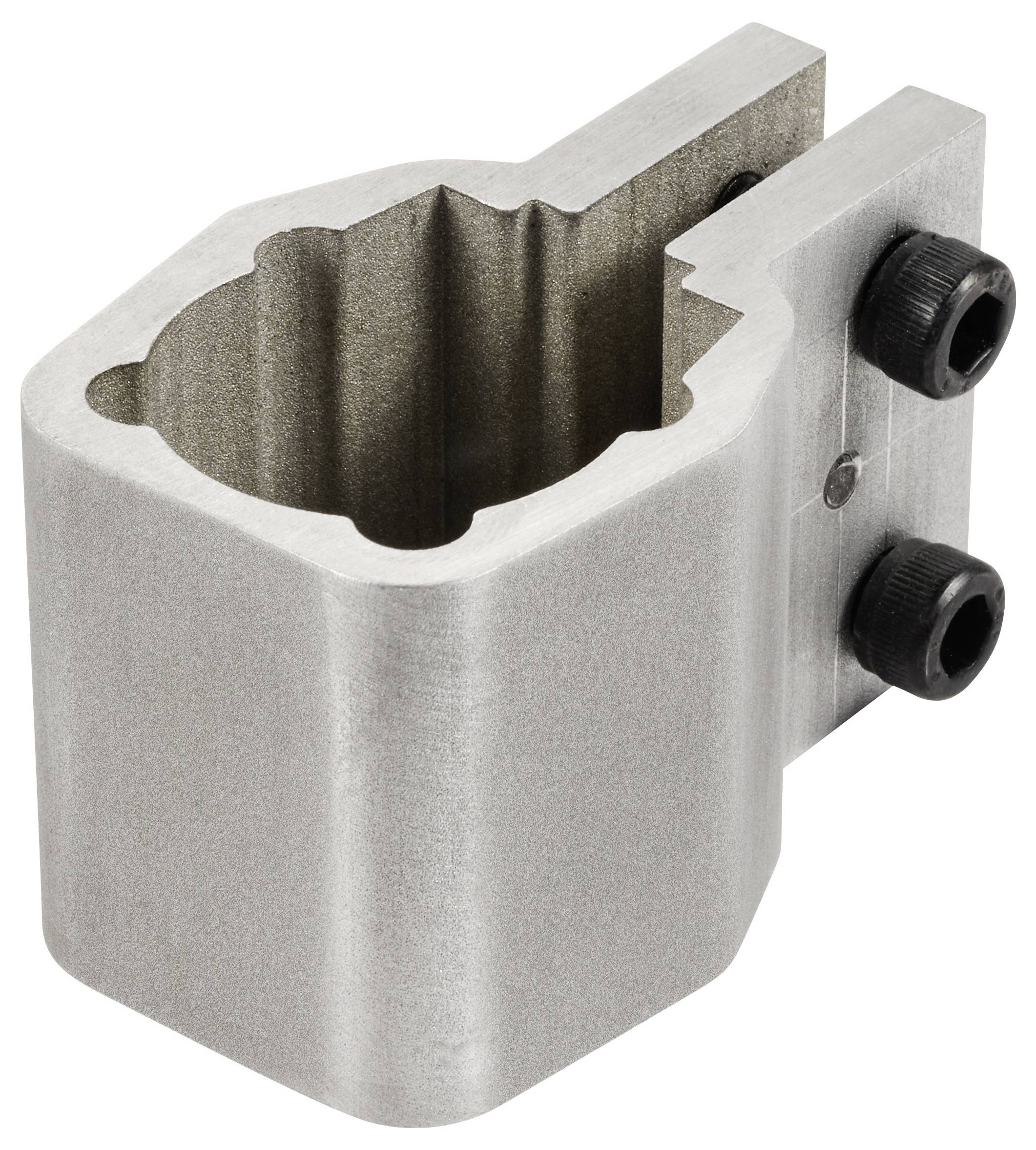 Metalen klem met een zeskante binnenruimte en twee zijdelingse schroeven voor bevestiging, vermoedelijk bedoeld voor buisverbindingen.