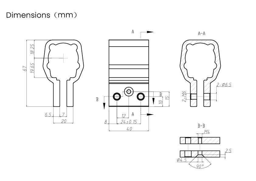 Tekening van een technisch onderdeel met afmetingen in millimeters. Front-, zij- en doorsnede-aanzicht tonen gedetailleerde maten.