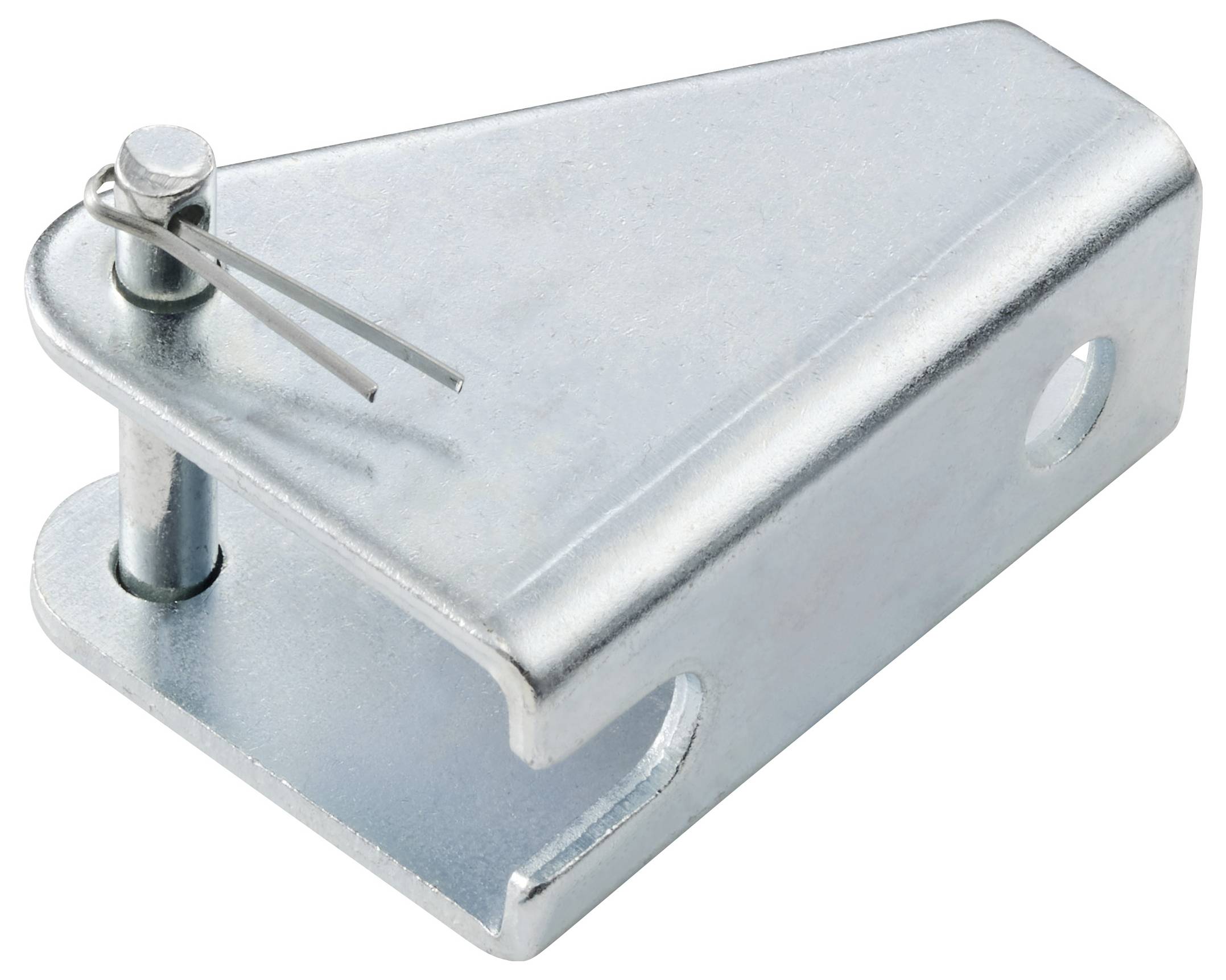 Metalen bevestigingsanker met een steekpen en borgpen, rechthoekige voet met afgeronde hoek, robuuste constructie.