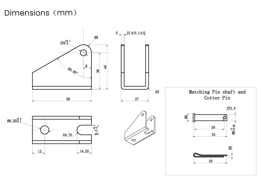 Technische tekening met afmetingen van een component in millimeters. Weergave van voor-, zij- en bovenaanzicht; inclusief boorgat- en pinmaten.