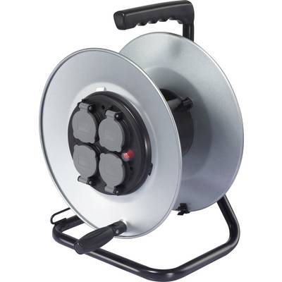 Kabelhaspel met handgreep en vier stopcontacten, gemonteerd op een stevig metalen frame.