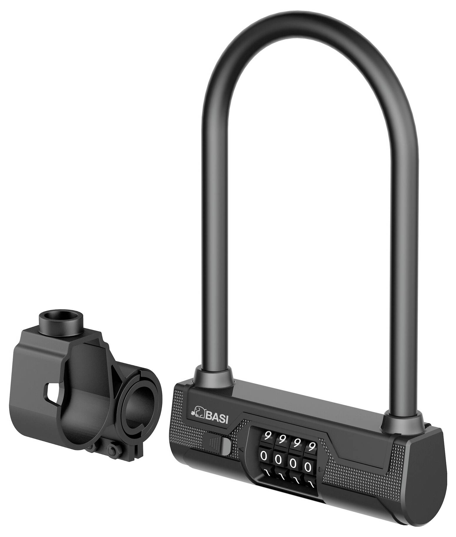 Een zwart cijferslot met een viercijferige combinatie en een houder voor fietsen.