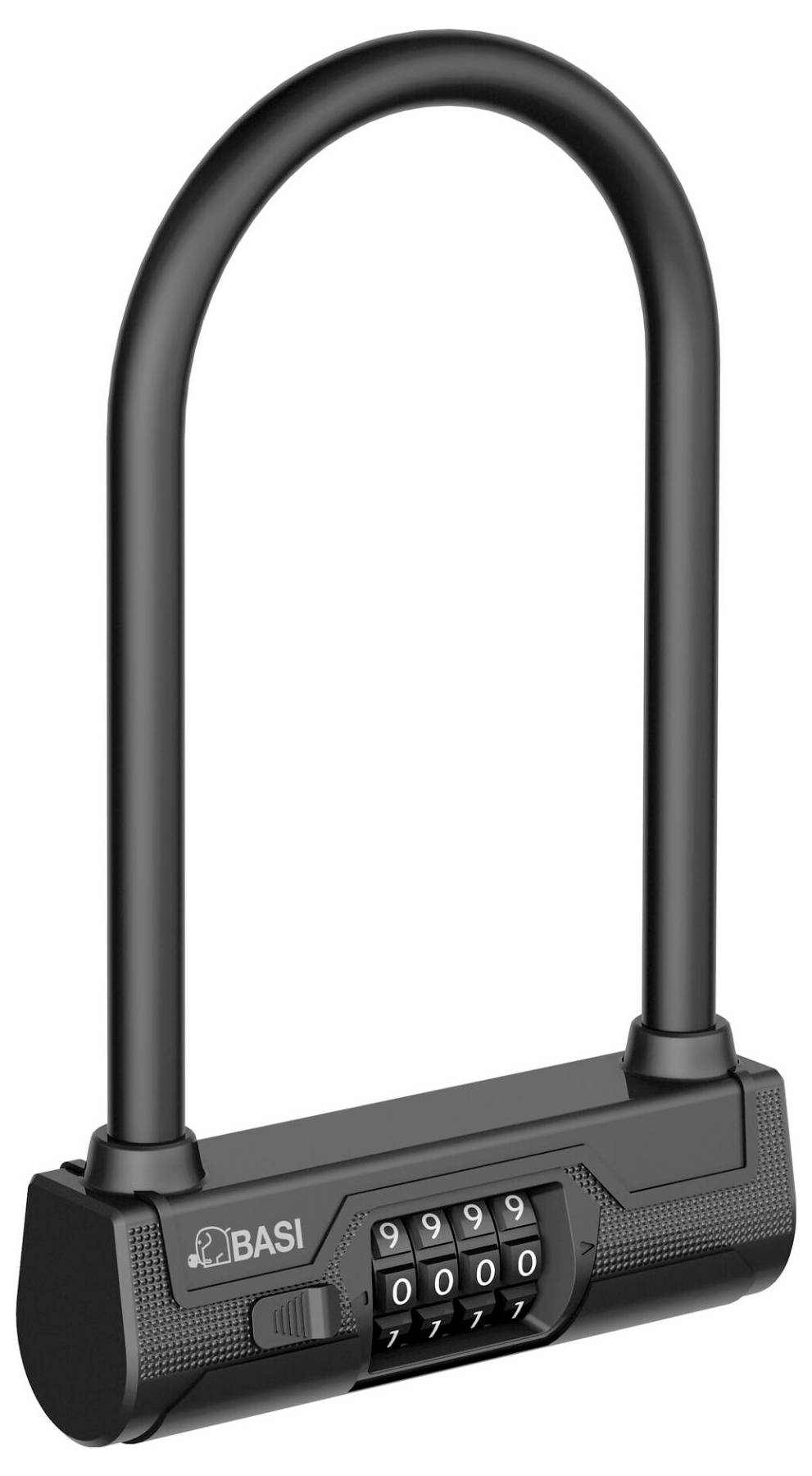Zwart cijferslot met een U-vormige beugel en een combinatie van vier cijfers.