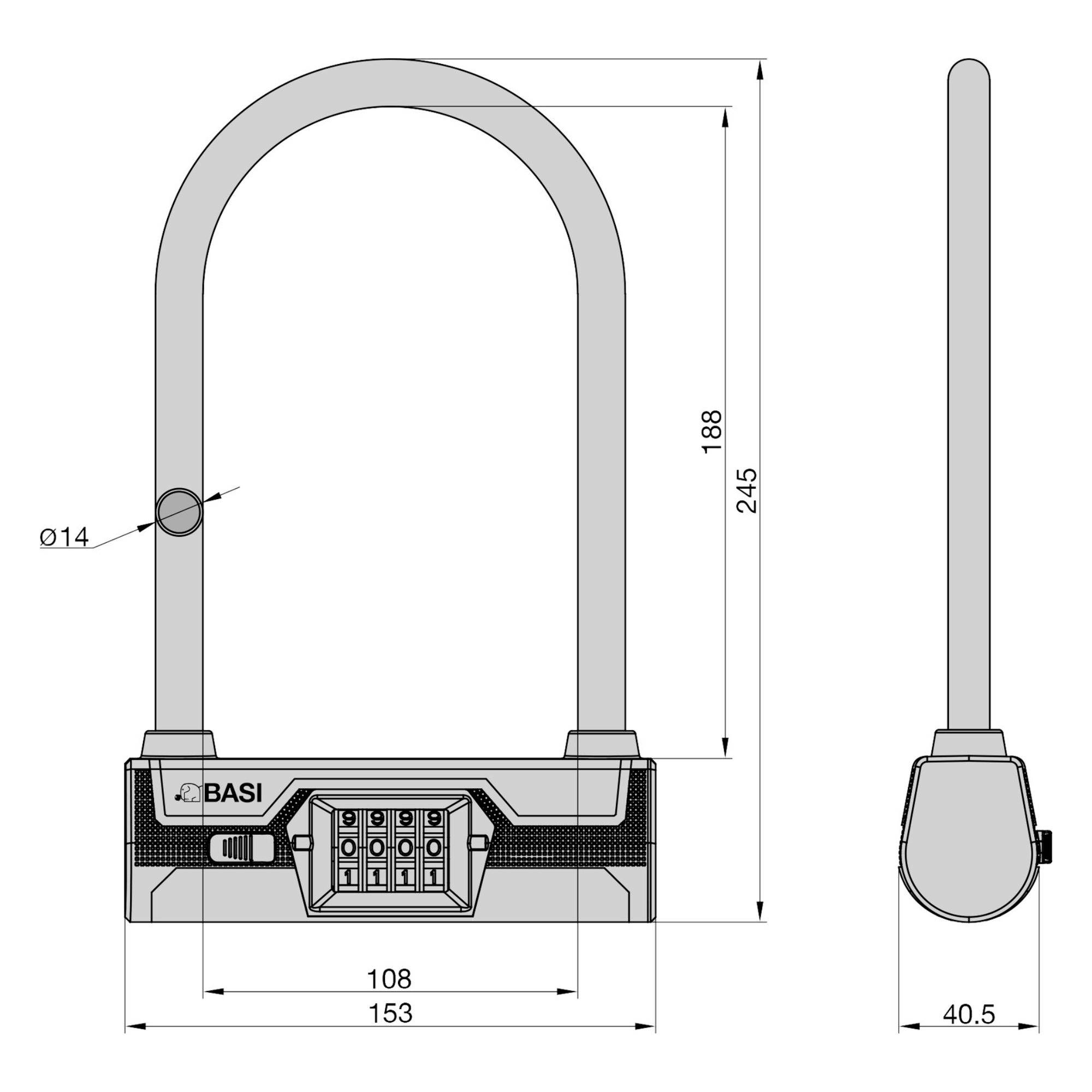 De afbeelding toont een technische tekening van een U-vormig cijferslot. Afmetingen zijn vermeld: hoogte 245 mm, breedte 108 mm.