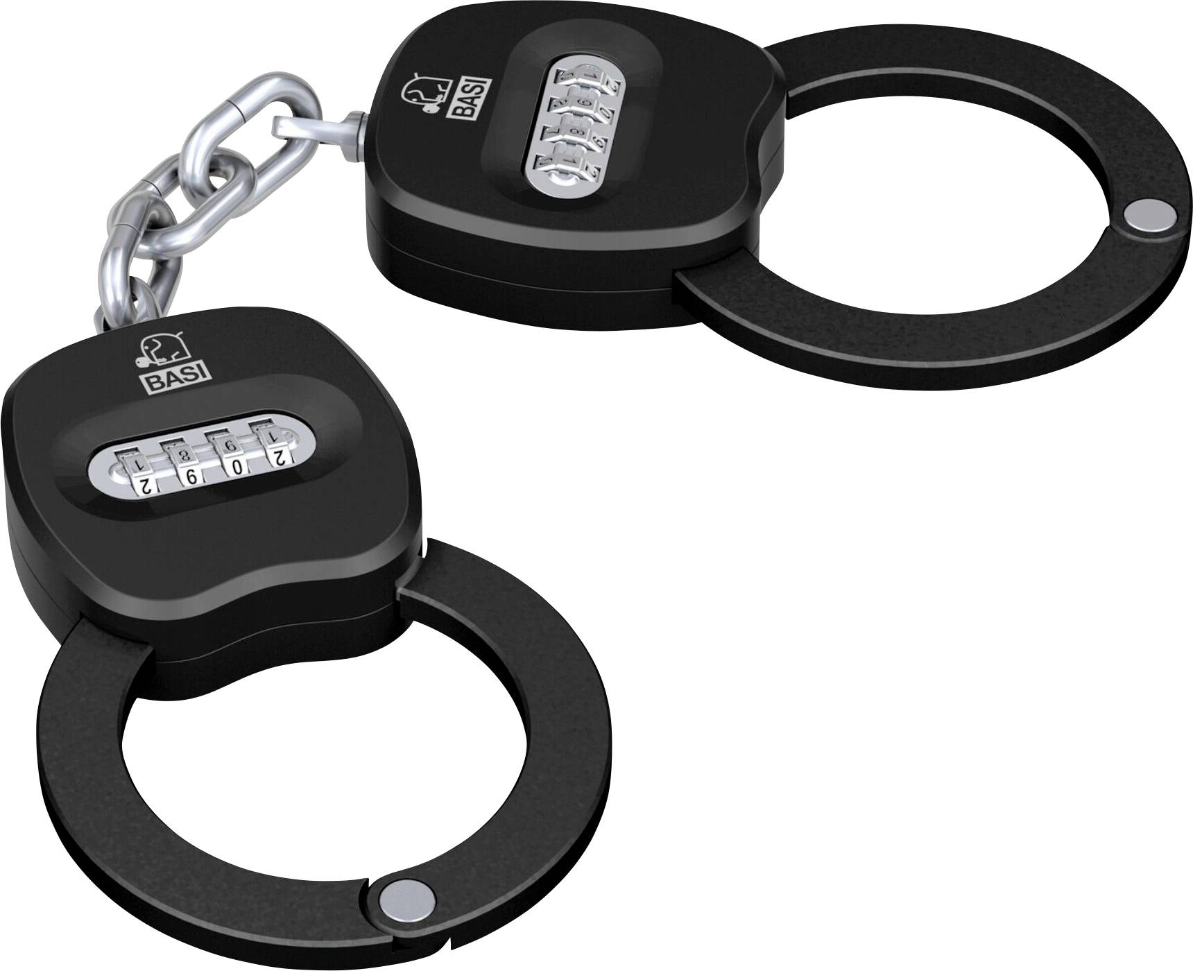 Zwarte handboeien met nummerslot van 'BASI', geopend, verbonden met een korte metalen ketting.