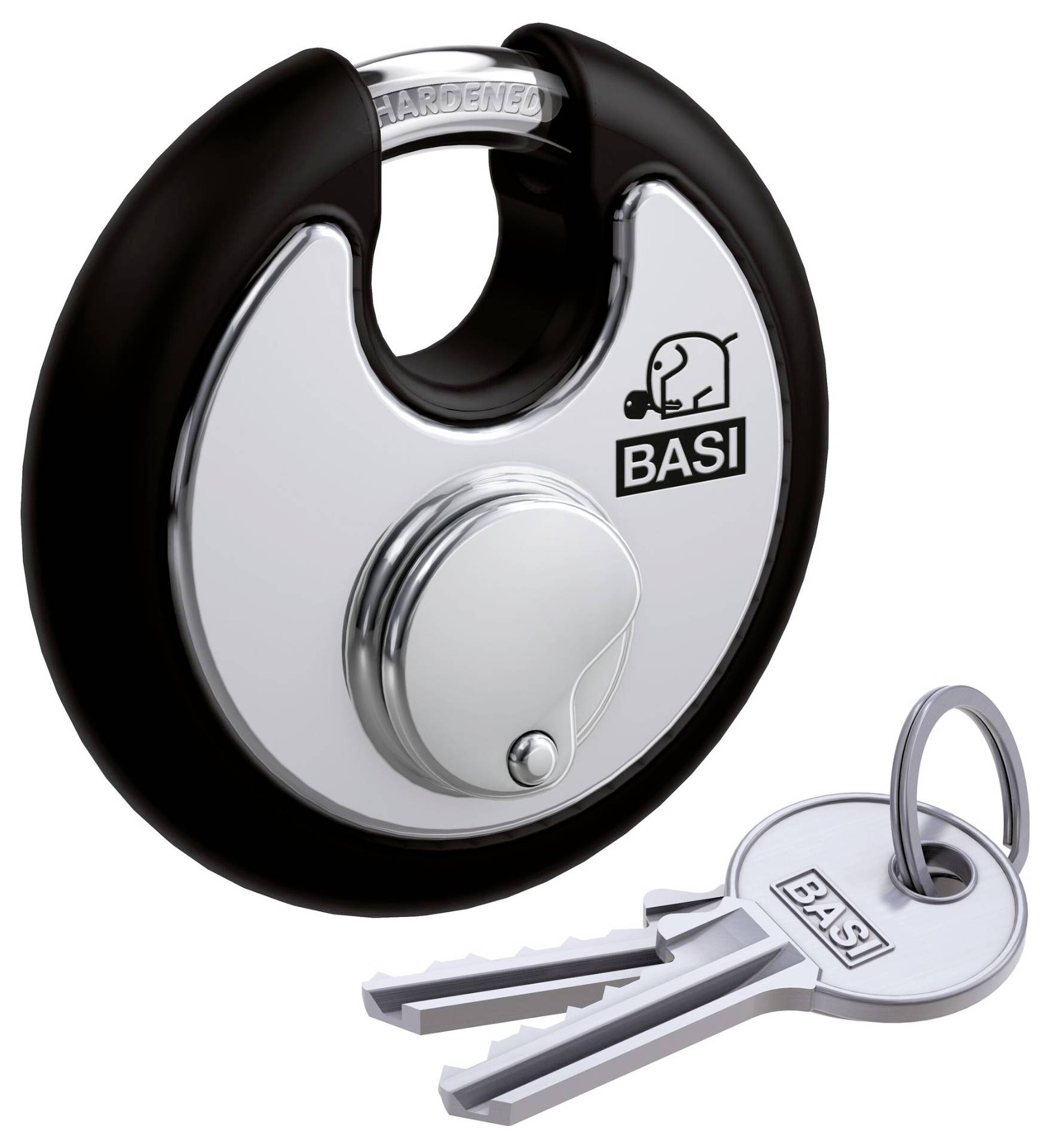 Een rond, zilver hangslot met zwarte rand en het BASI-logo, naast twee sleutels.