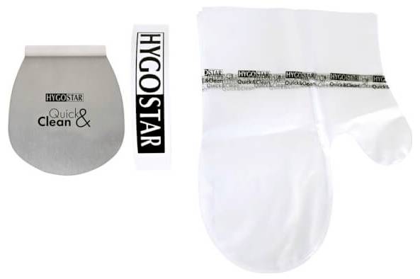 Een hygiënische washandschoen en een schep uit een set, beiden voorzien van het 'HYGOstar' logo, voor snel en schoon gebruik.