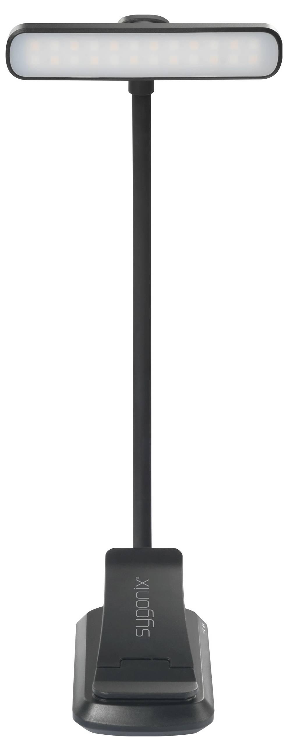 Een zwarte LED-klemlamp met flexibele arm en rechthoekige lampenkop, geschikt voor lezen of werken.