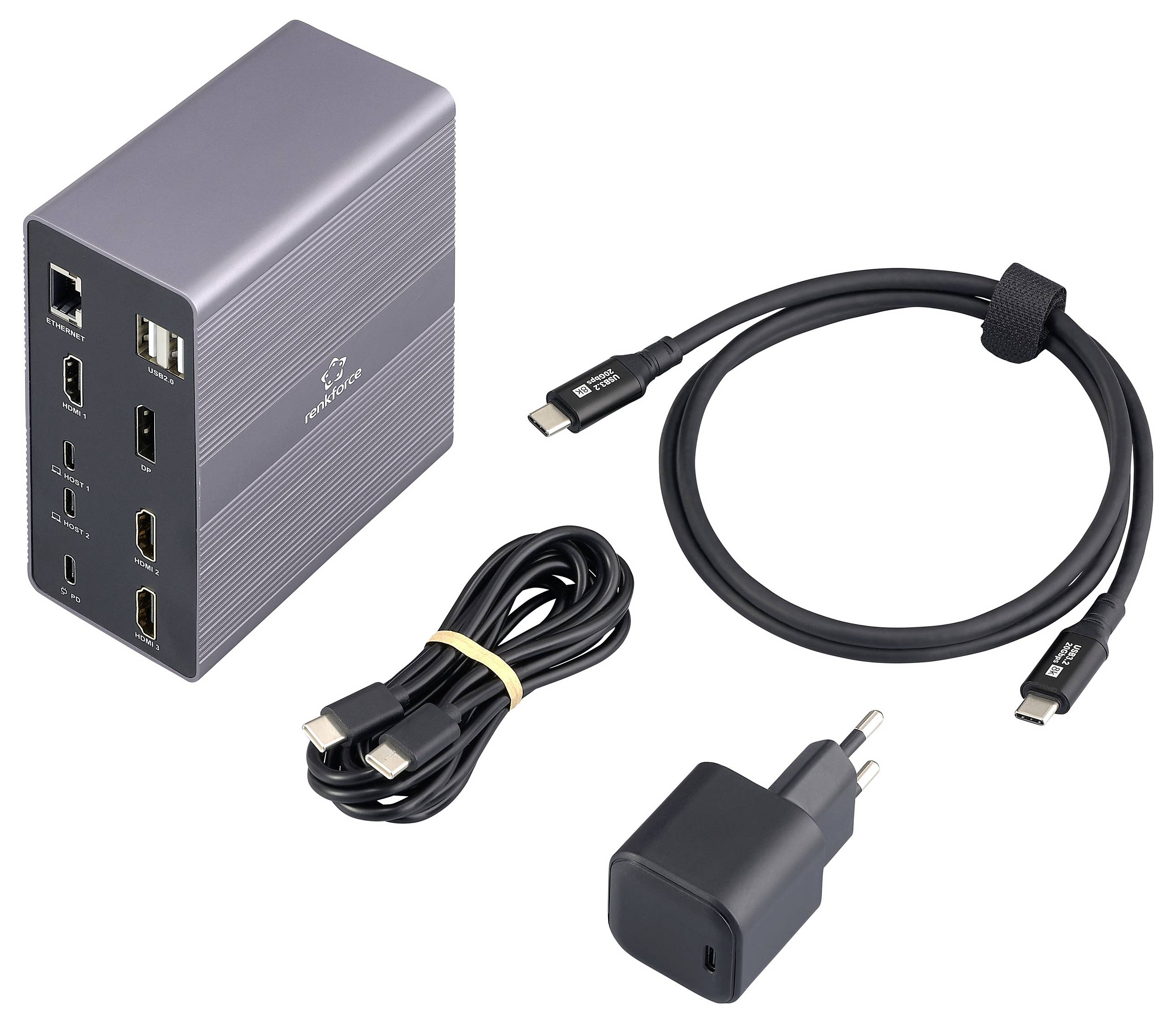Een technische set met USB-hub, laadkabel en voedingsadapter. De USB-hub toont aansluitingen voor HDMI, USB en Ethernet.