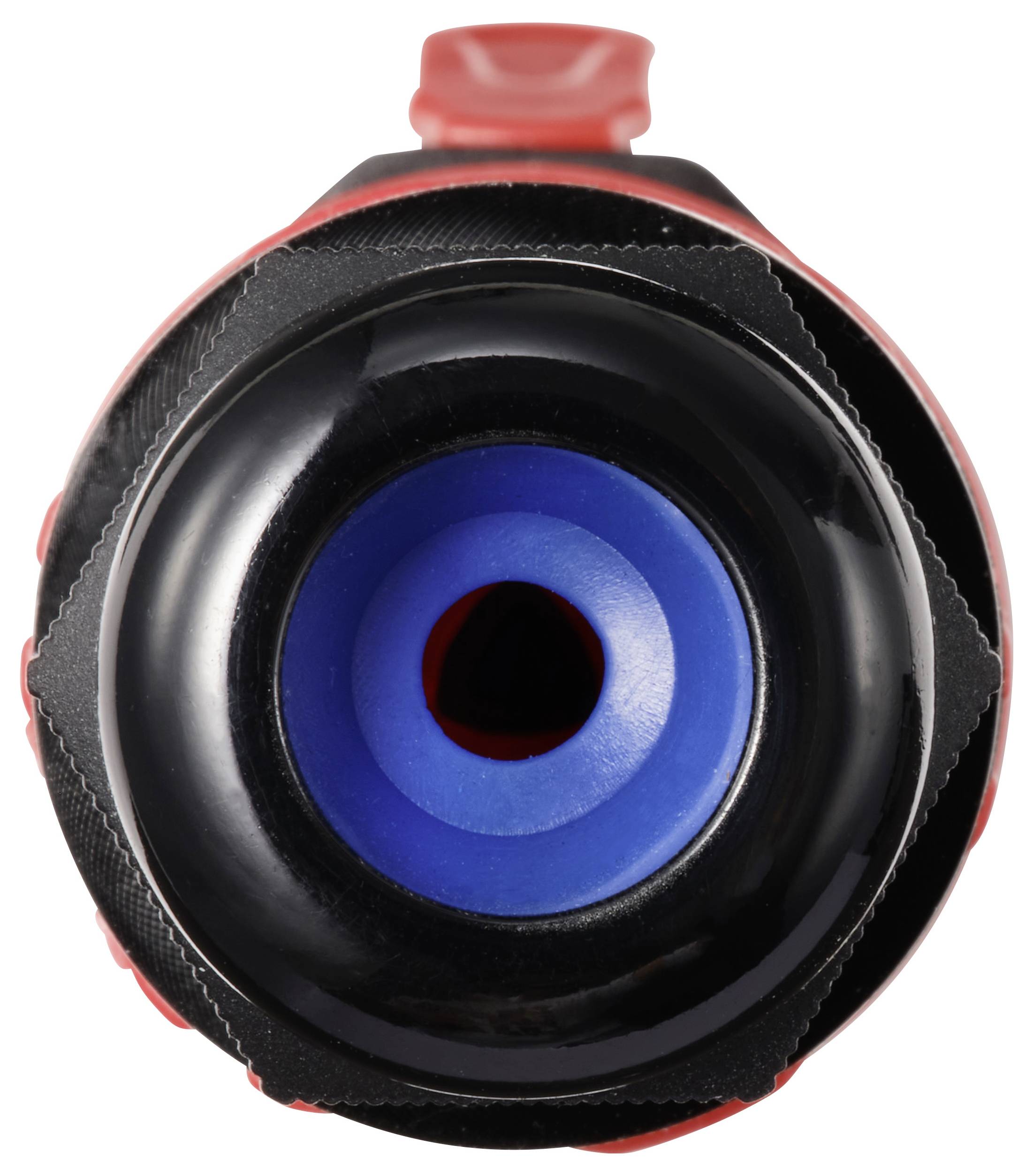 Vooraanzicht van een rond, gekleurd object met een blauwe cirkel in het midden, omringd door zwart en rood. Mogelijk een knop of sluiting.