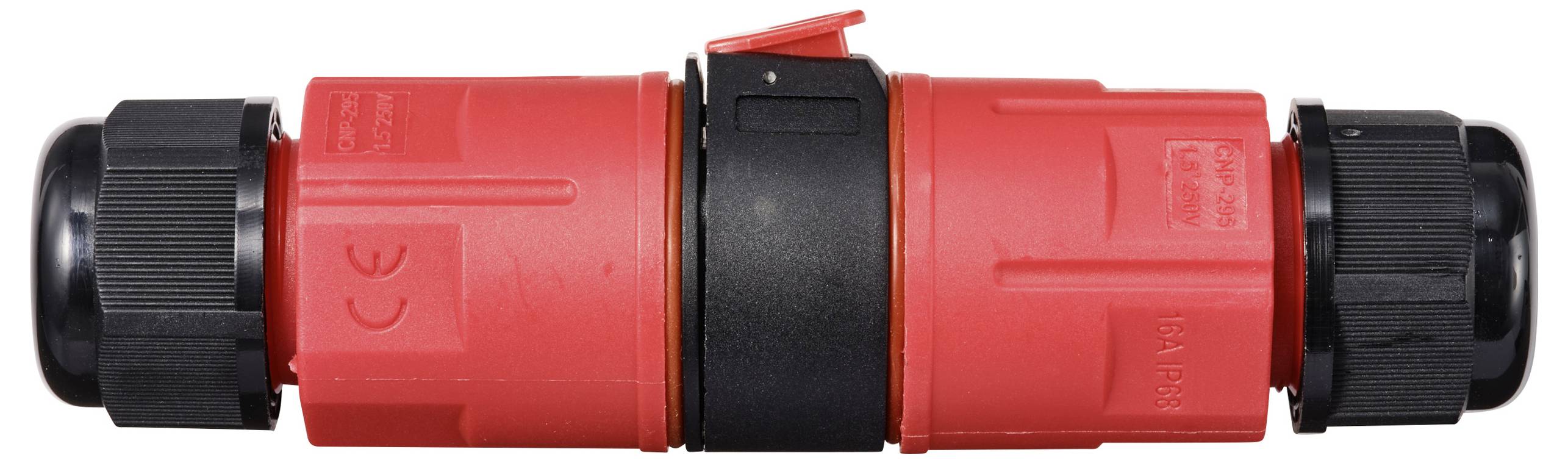 Een rode stekker met zwarte uiteinden, waarschijnlijk voor elektrische verbindingen, weergegeven op een witte achtergrond.