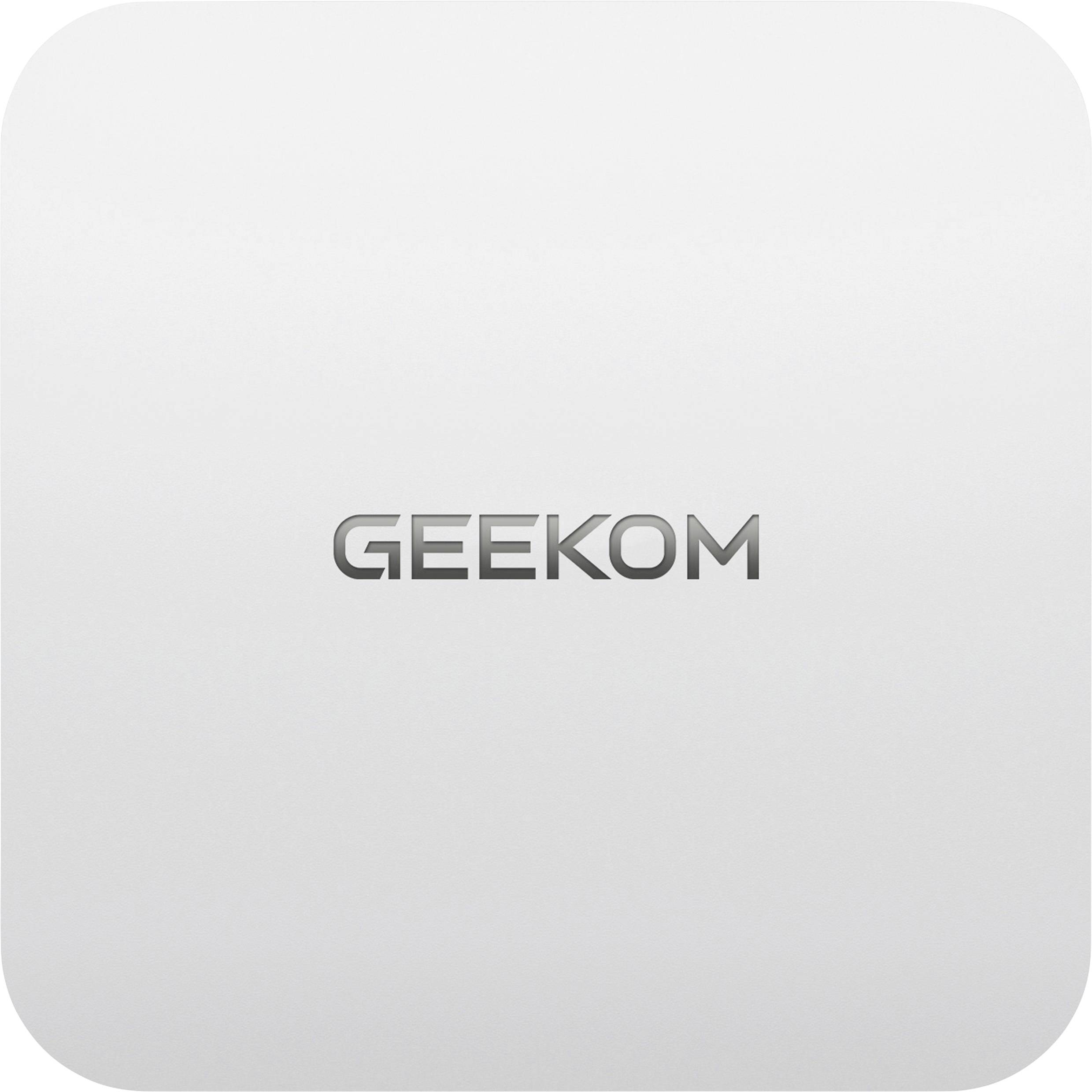 Vierkante, witte oppervlakte met de grijze tekst 'GEEKOM' in het midden.