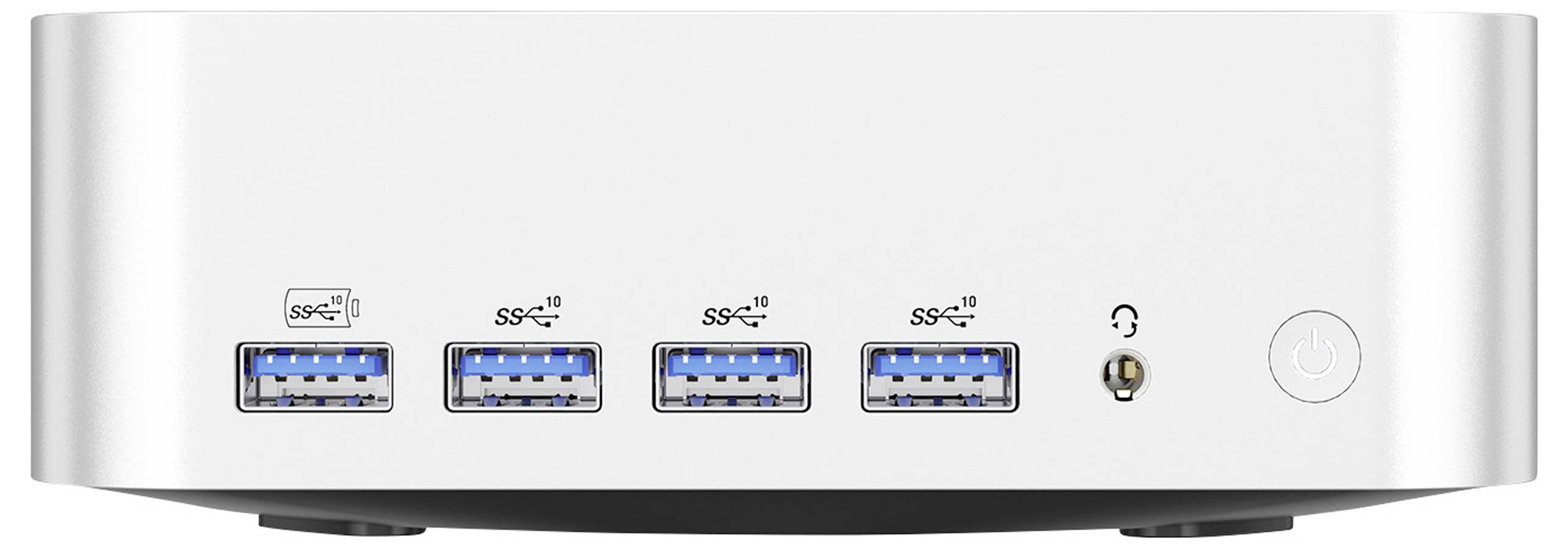 Een zilverkleurig apparaat met vier USB 3.0-poorten en een koptelefoonaansluiting aan de voorkant, daaronder een netschakelaar.