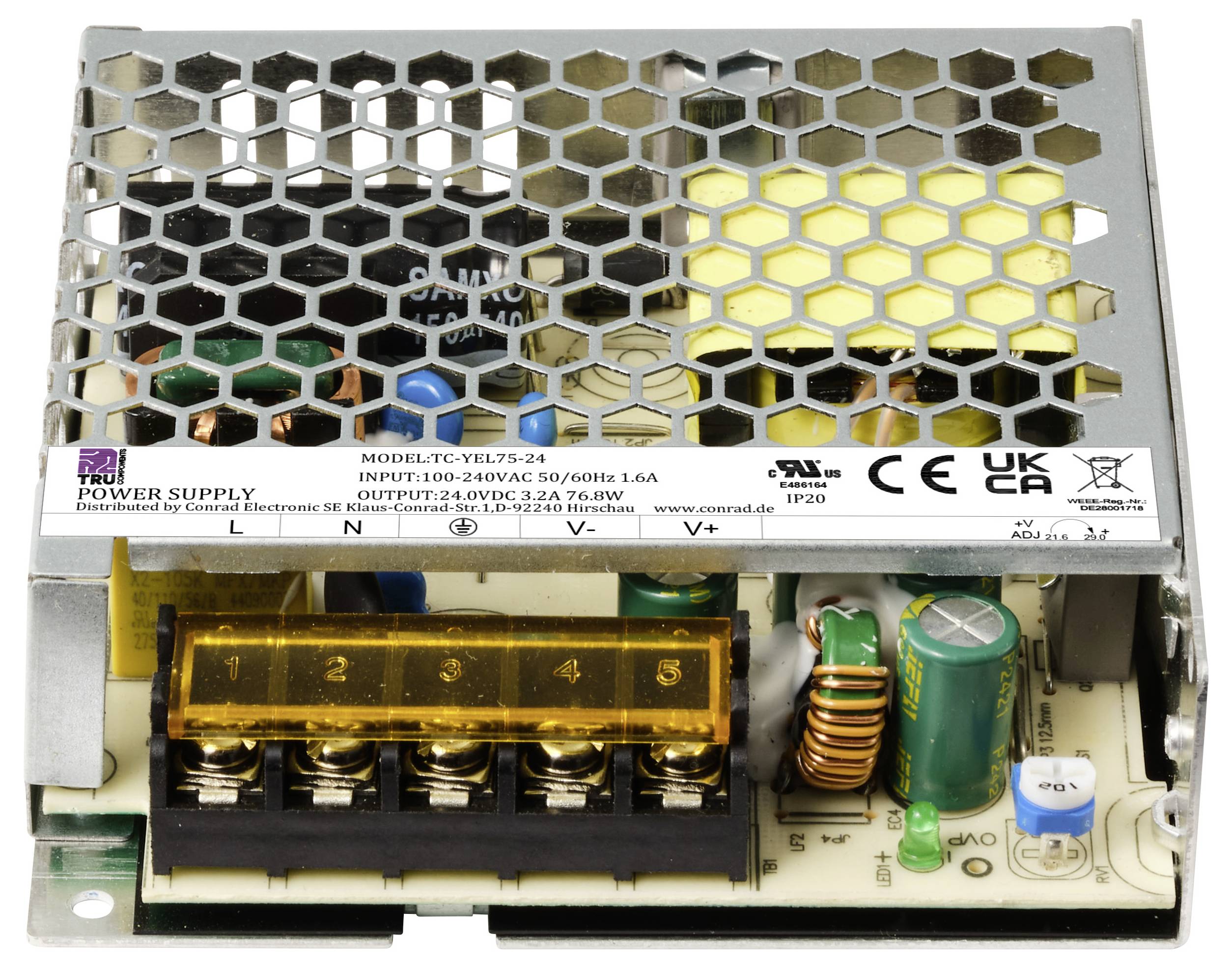 Een open schakelvoeding met metalen rooster afdekking, aansluitklemmen en zichtbare elektronica, geschikt voor ingangsspanningen van 100-240V AC.