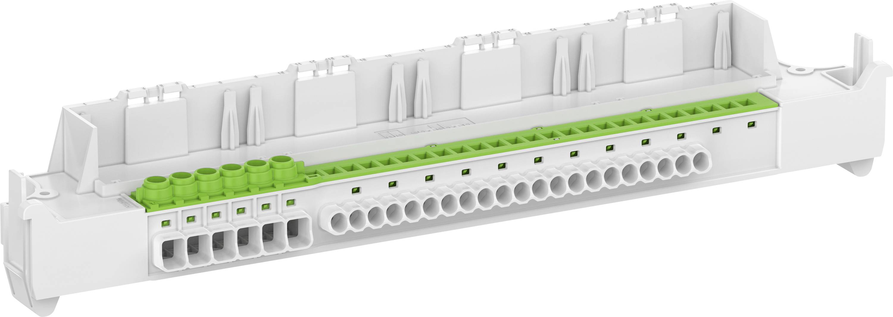 Een witte en groene elektrische aansluitklem met meerdere aansluitpunten, cilindrische openingen en een rechthoekig ontwerp.