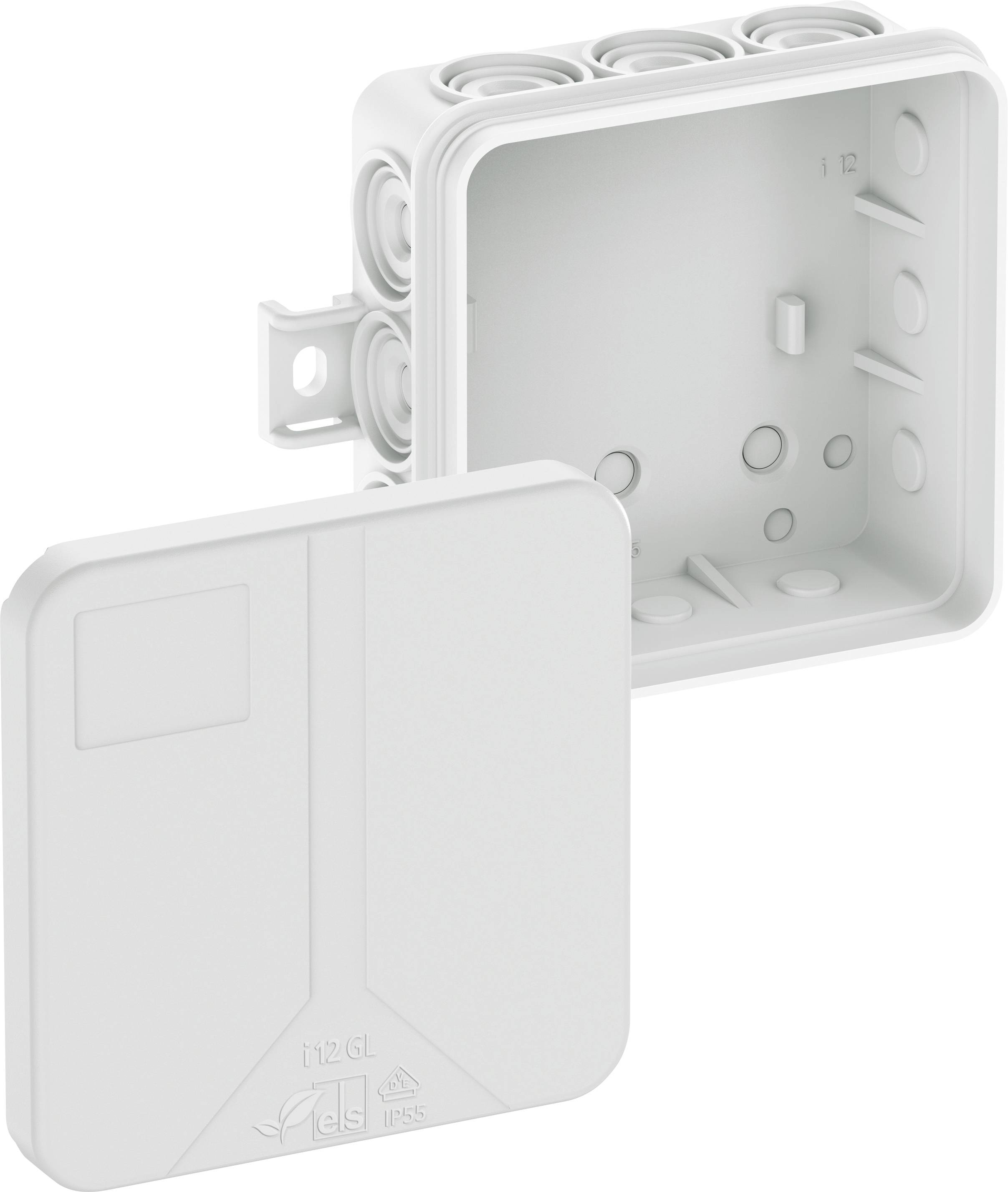 Een leeg, vierkant kunststof behuizing met een afneembaar deksel en meerdere kabelinvoeren, geschikt voor elektrische installaties.