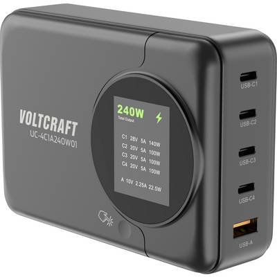 VOLTCRAFT UC-4C1A240W01 USB-oplader 240 W 4x USB-C, 1x USB-A USB PD 3.0 Zwart GaN, USB Power Delivery (USB-PD), Snellade-0