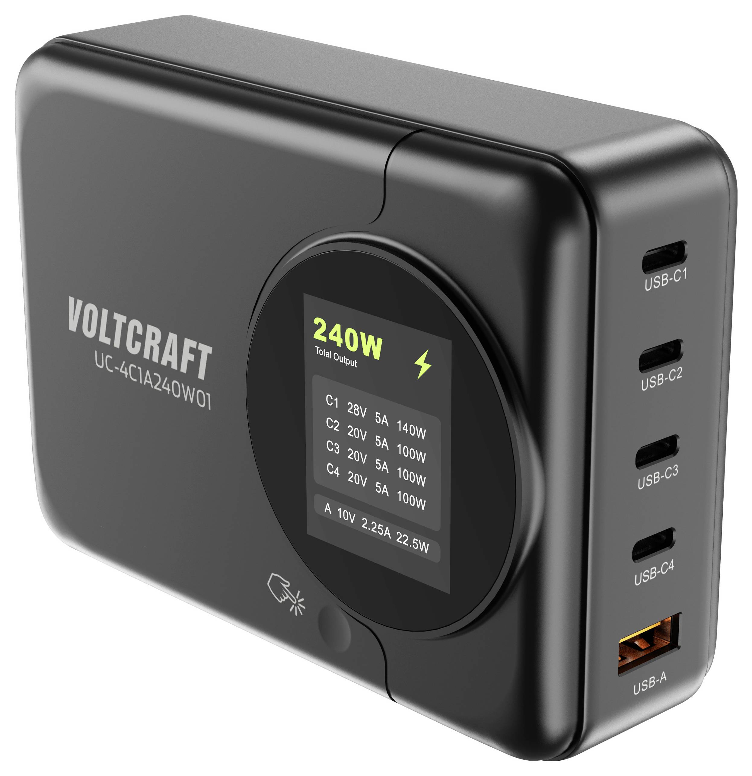 VOLTCRAFT UC-4C1A240W01 USB-oplader 240 W 4x USB-C, 1x USB-A USB PD 3.0 Zwart GaN, USB Power Delivery (USB-PD), Snellade-5