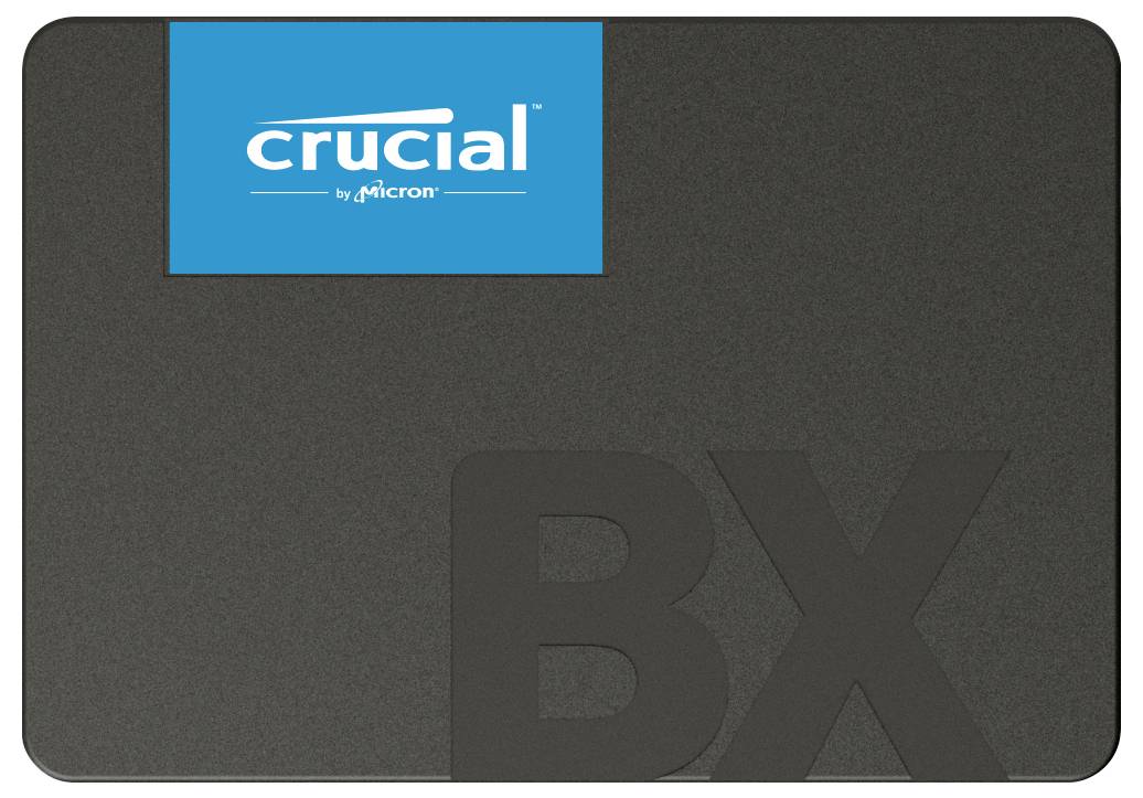 'Crucial BX SSD van Micron' in witte tekst op zwarte achtergrond. Bovenaan een blauwe sectie met het Crucial-logo.