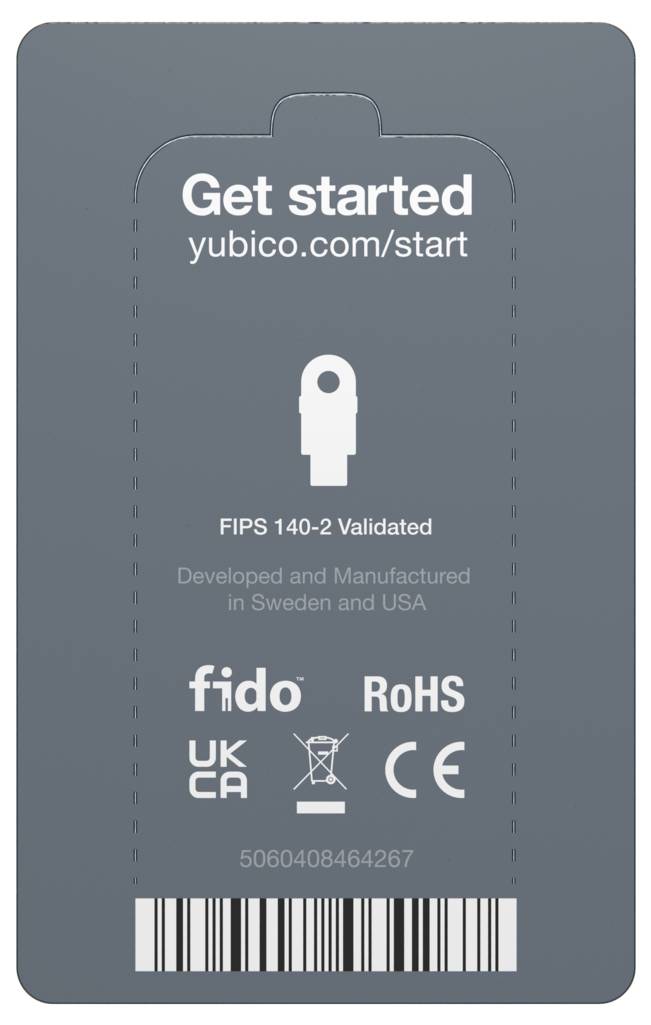 'Aan de slag op yubico.com/start' staat bovenaan. Daaronder een sleutelsymbool. Verdere informatie: 'FIPS 140-2 Gevalideerd', productiedetails, symbolen.