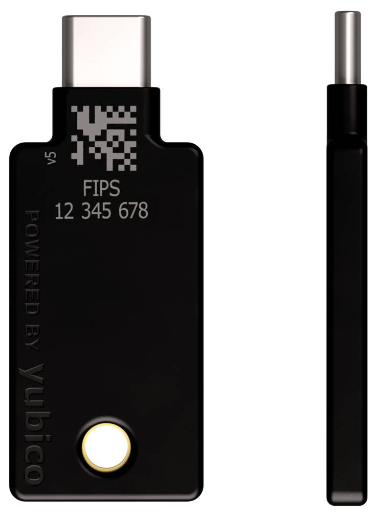 Een USB-beveiligingssleutel met QR-code, 'FIPS 12 345 678' gravure en Yubico-logo, toont voor- en zijaanzicht.