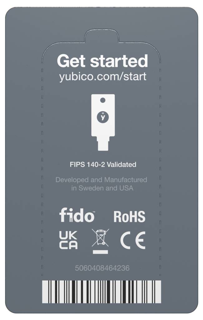 'Aan de slag' handleiding voor Yubico Hardware, FIPS 140-2 gevalideerd, vervaardigd in Zweden en de VS, met certificeringen.