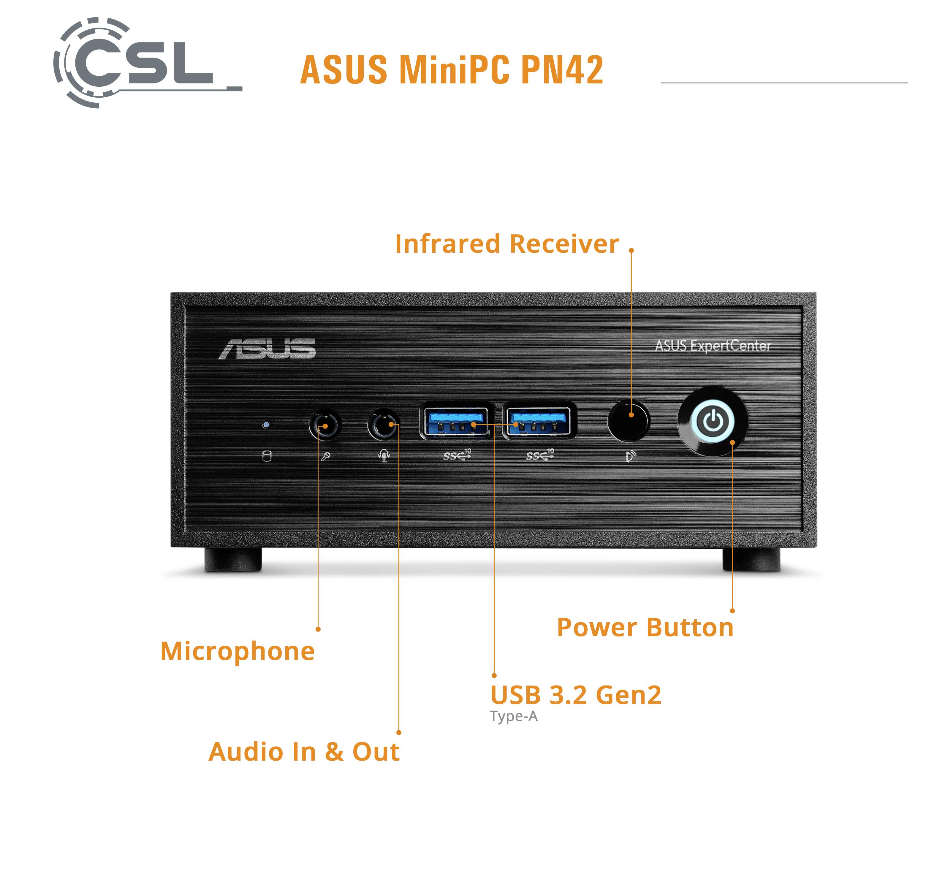 'ASUS MiniPC PN42' vooraanzicht met gelabelde kenmerken: infrarood ontvanger, microfoon, aan-uitknop, audio in & uit, USB 3.2 Gen2 poorten.
