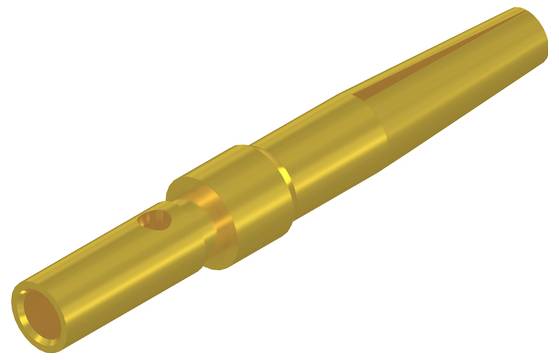 Een goudkleurige cilindrische metalen pin met een kleine zijdelingse opening.