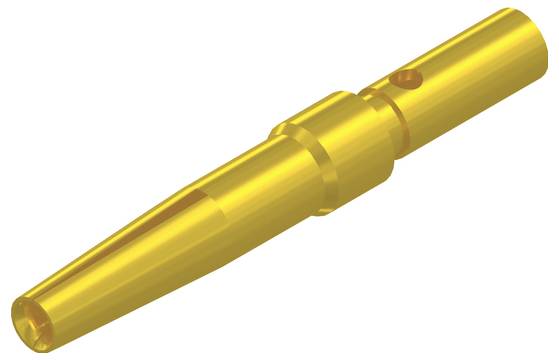 Gouden, cilindrische metalen stekker met een conische punt, gebruikt voor elektrische verbindingen in elektronische apparaten.