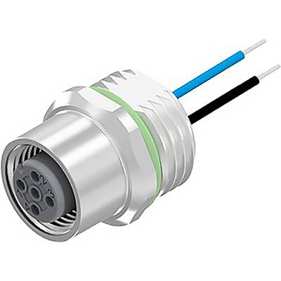 Metalen connector met een rond behuizing en meerdere pinnen. Twee draden, blauw en zwart, zijn daaraan bevestigd.