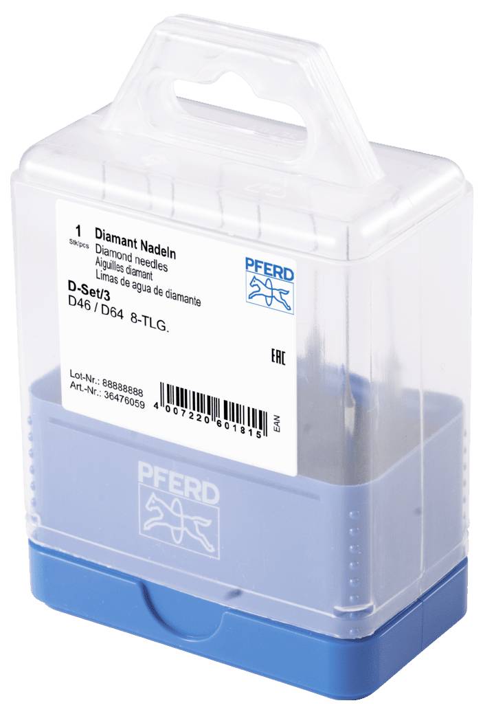 Plastic doos met opschrift 'Diamant Naalden'. Bevat een 8-delige D-Seta collectie. Fabrikant: PFERD, artikelnummer 36470059.