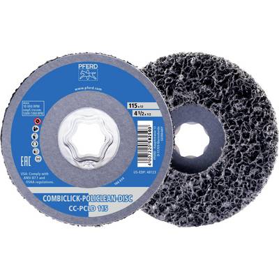 'Pferd CombiClick Policlean-Disc CC-PCLD 115' slijpschijf. Blauw-grijze verpakking met barcode en technische specificaties.