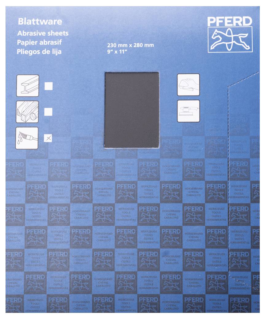Een stapel schuurbladen van het merk Pferd. Verpakking toont afbeeldingen voor gebruik en productinformatie. Formaat: 230 x 280 mm.