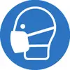 Symbool van een gestileerd hoofd met een gezichtsmasker op een blauwe achtergrond.