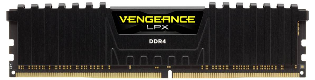 Een zwarte DDR4-RAM-module met het opschrift 'Vengeance LPX'.
