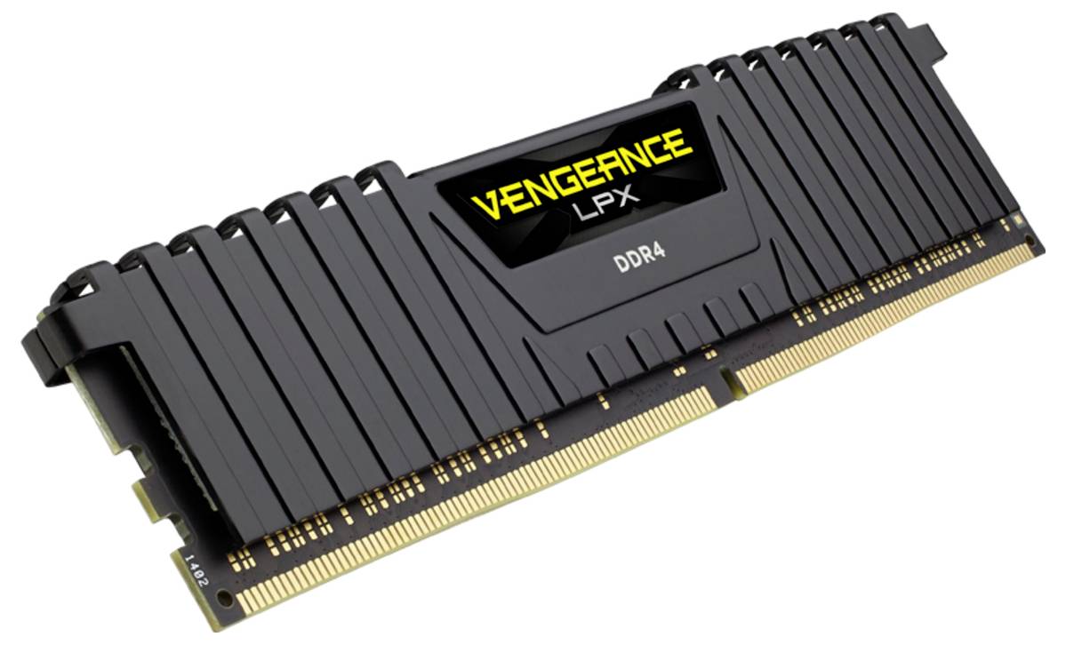 Een zwarte DDR4-RAM-module met de opdruk 'Vengeance LPX' op de koelvin bovenop, ontworpen voor hoogpresterende geheugen in computers.