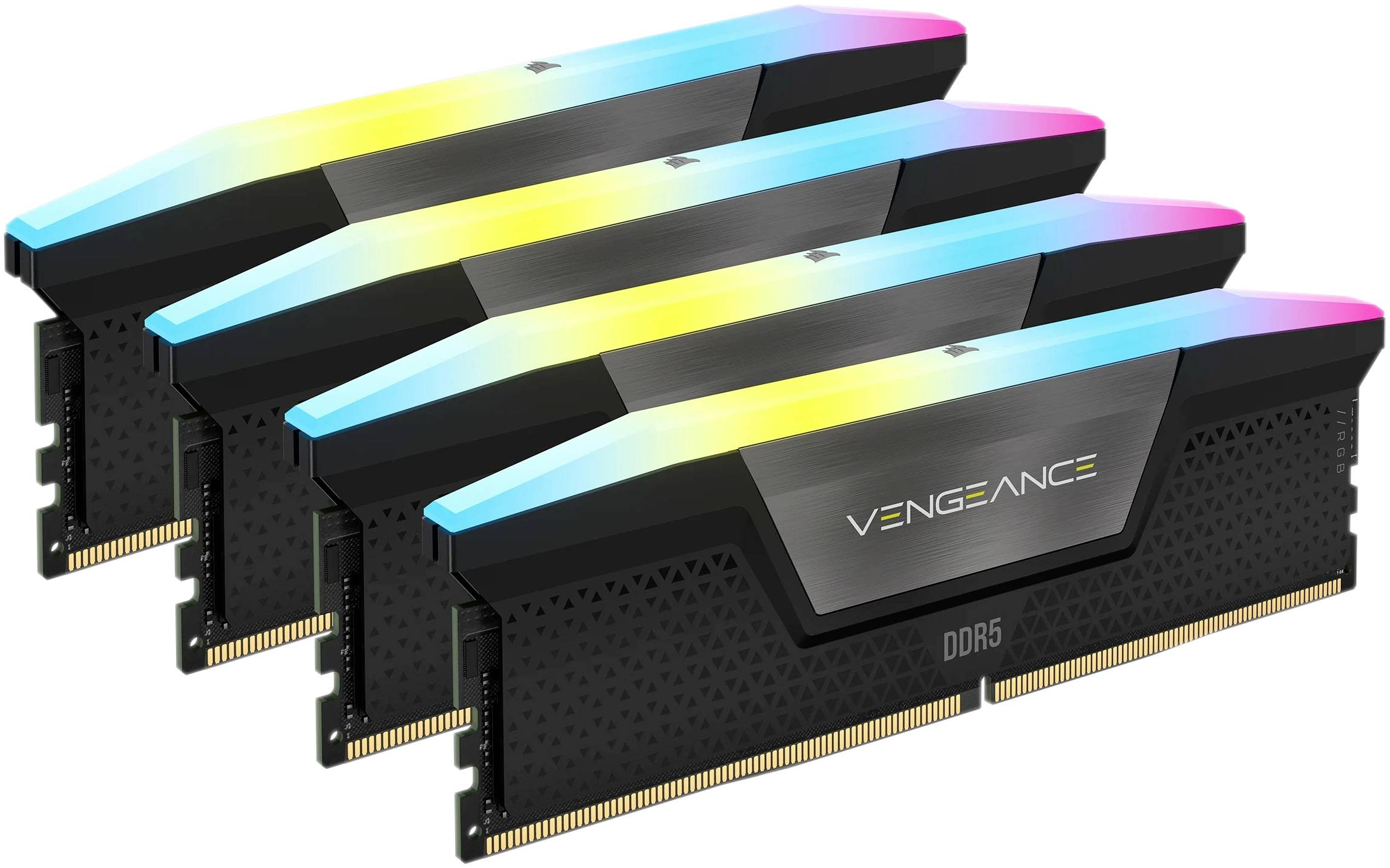 Vier Corsair Vengeance DDR5 RAM-modules met RGB-verlichting.