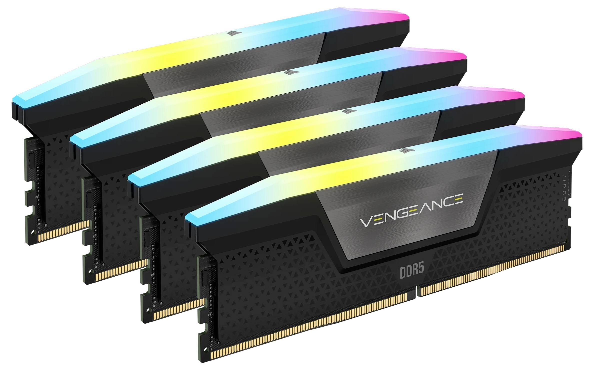 Vier DDR5-RAM-modules in set, merknaam 'Vengeance', met gekleurde RGB-verlichting, zwart met geel logo, voor computerperformance.