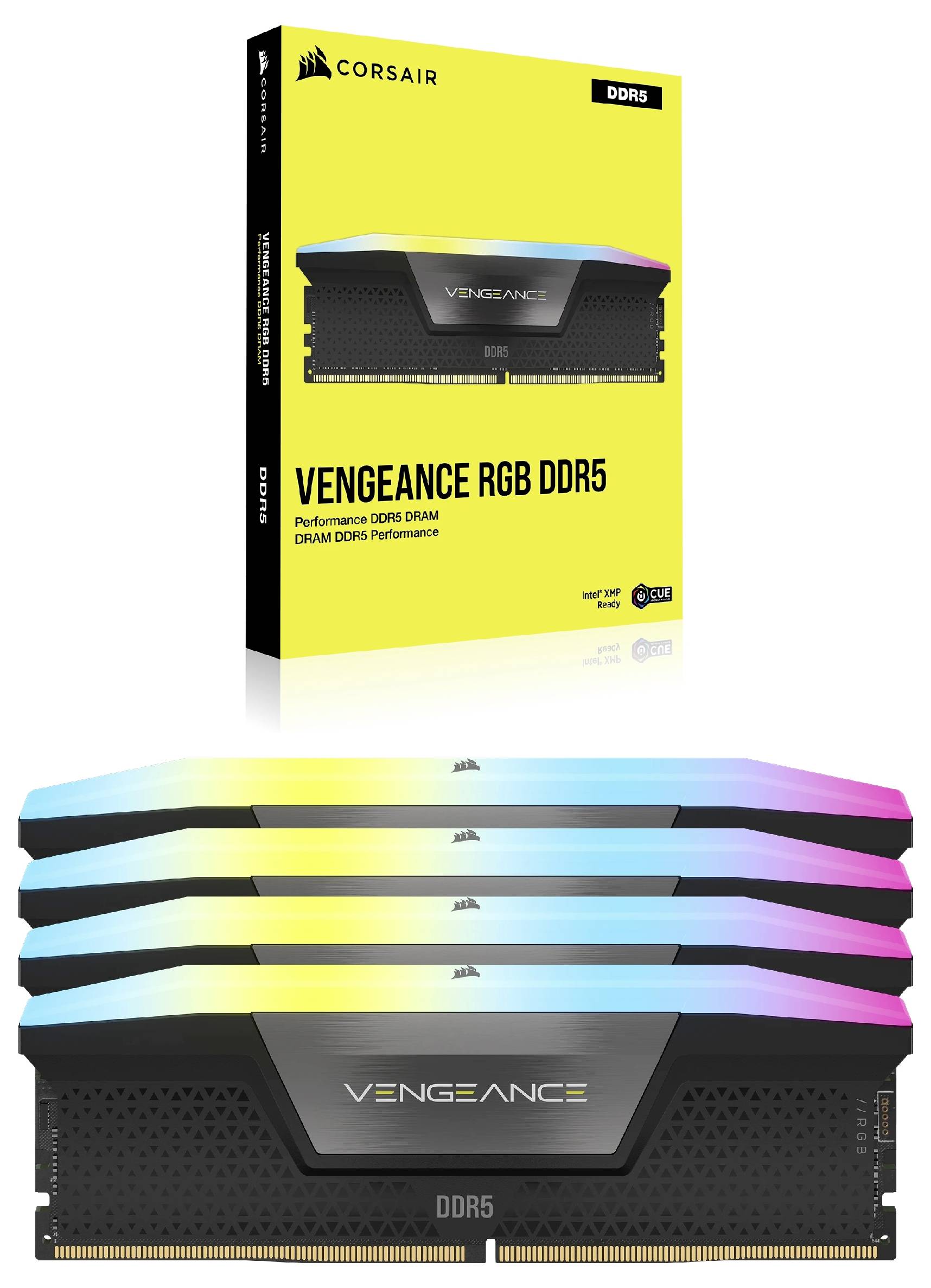 DDR5 RAM-module in het zwart met RGB-verlichting en de opdruk 'Vengeance'. Daarachter productverpakking met een vergelijkbaar design.