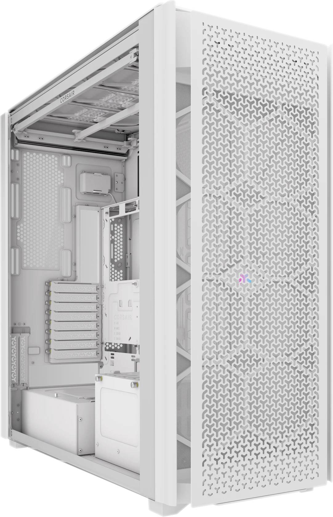 Een wit computerbehuizing met een open binnenkant, waarbij componentsleuven zichtbaar zijn en een netgaas aan de voorkant.